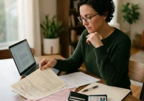 A person organizing paperwork, an ID and car keys at a kitchen table while getting ready for a DUI court date