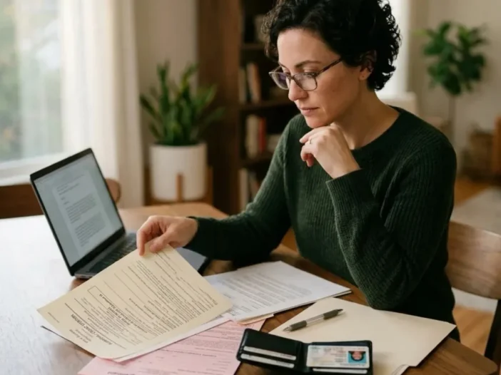 A person organizing paperwork, an ID and car keys at a kitchen table while getting ready for a DUI court date