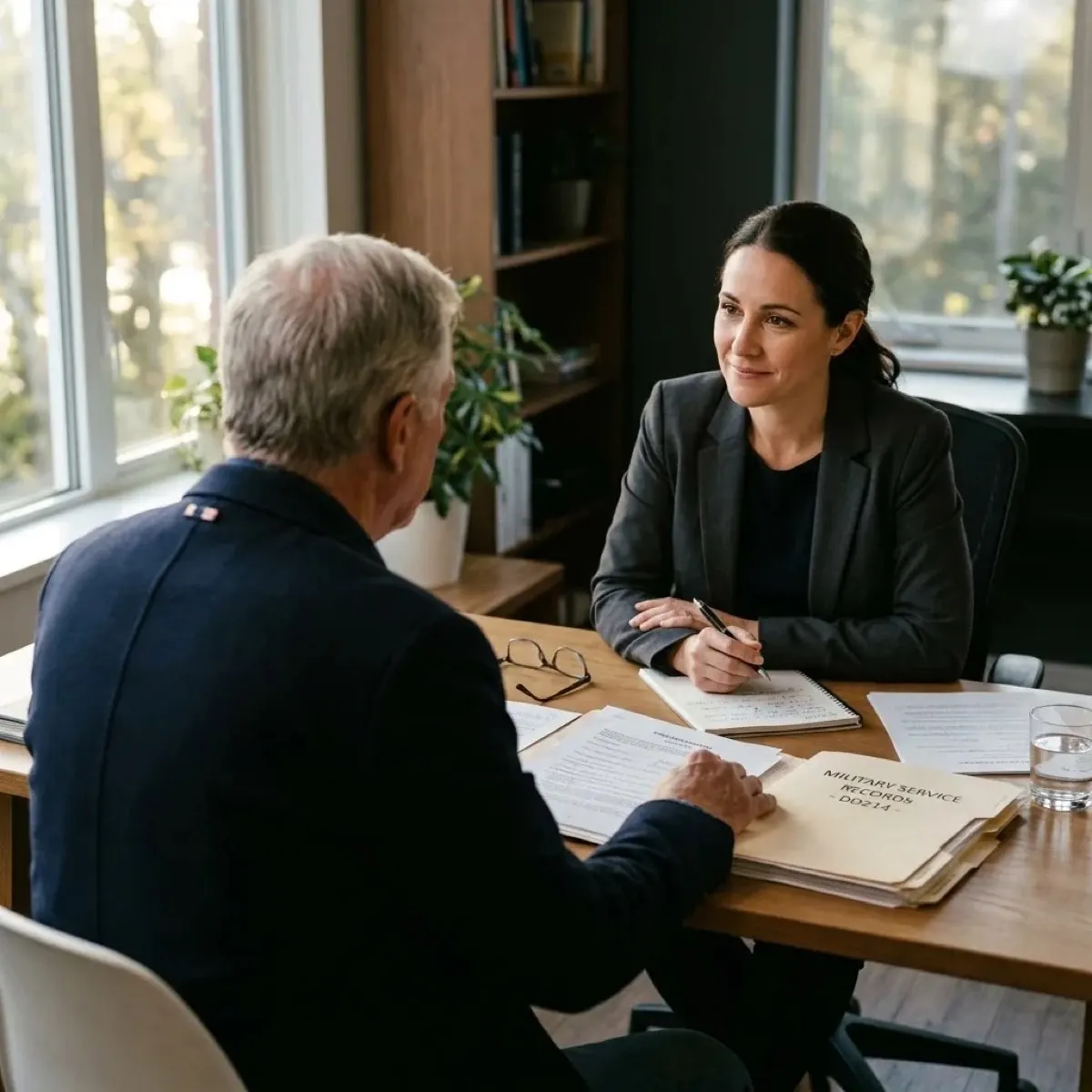 An attorney and client reviewing documents together across a desk during a case consultation