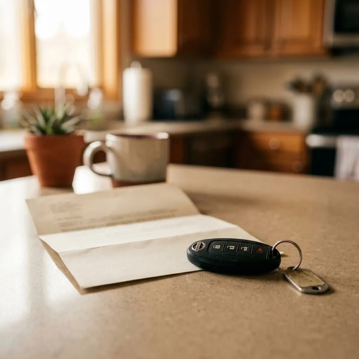 A car key resting beside a folded letter on a kitchen counter, representing a court or DMV order for an ignition interlock