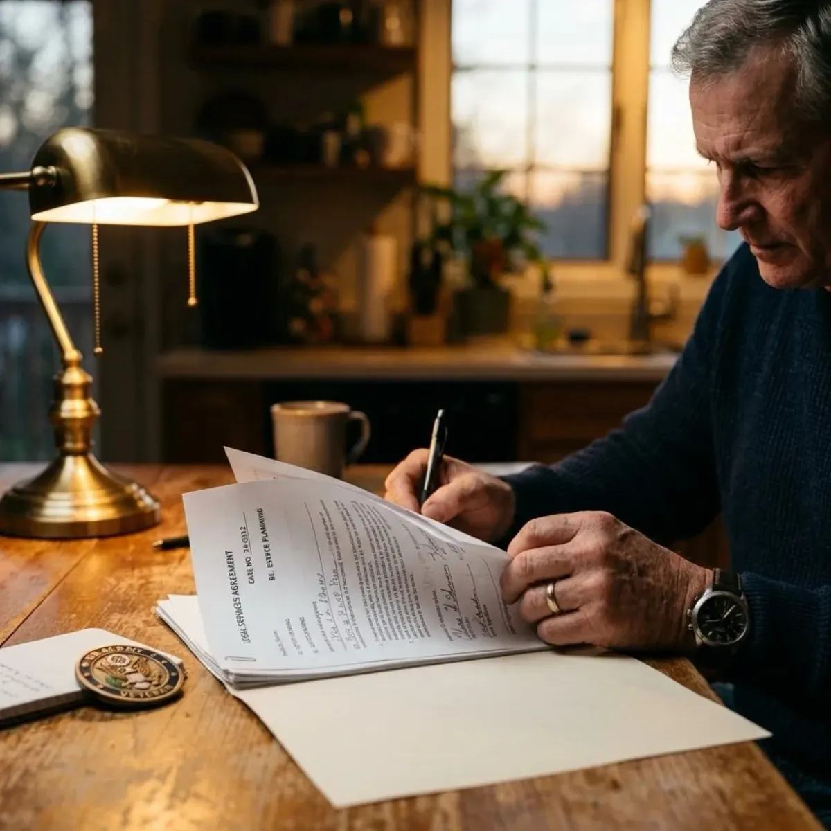 A person signing a legal services agreement at a home desk, the kind of paperwork a DUI case generates