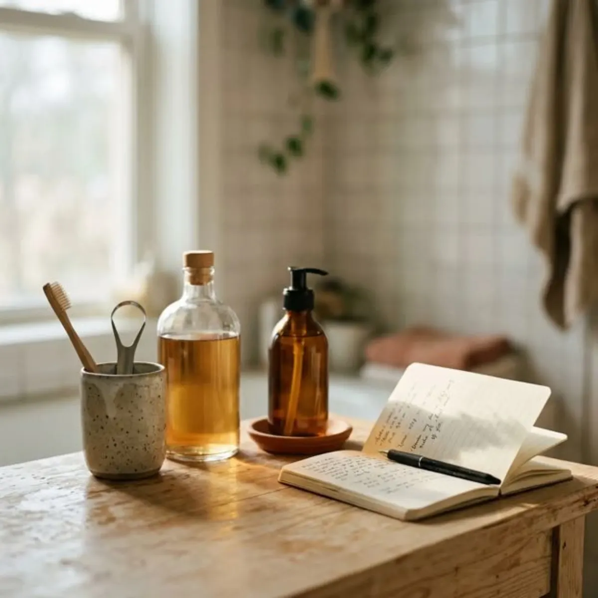 Bathroom counter with mouthwash, hand sanitizer and a notebook used to log everyday products before an EtG test