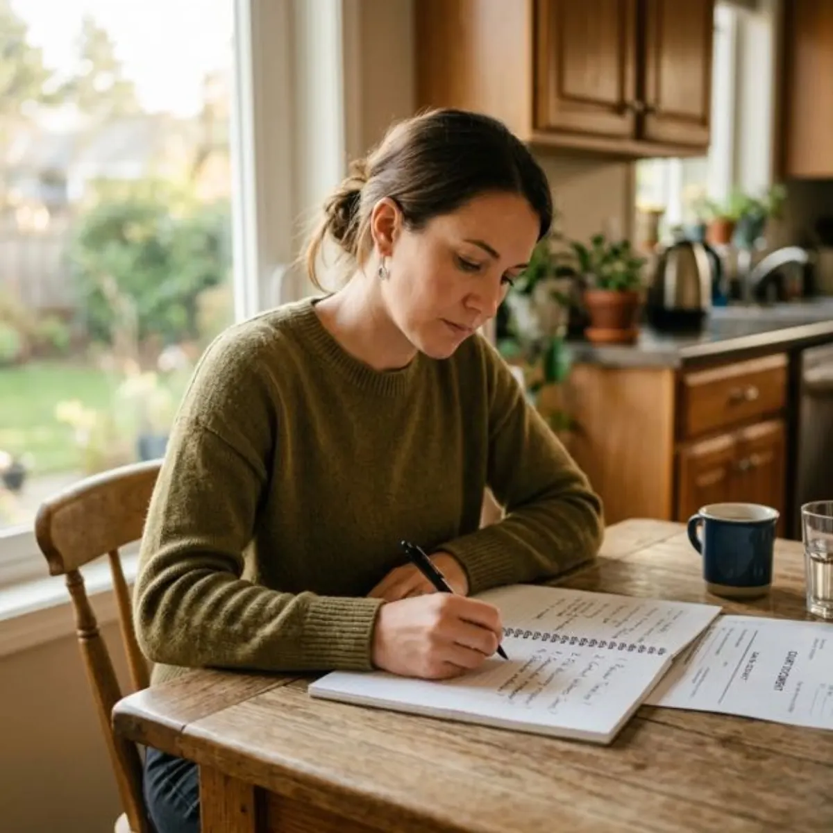 Woman at a kitchen table writing down questions to ask her probation officer about EtG testing
