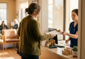 Adult checking in at a clinic reception window with a form before an EtG test for alcohol