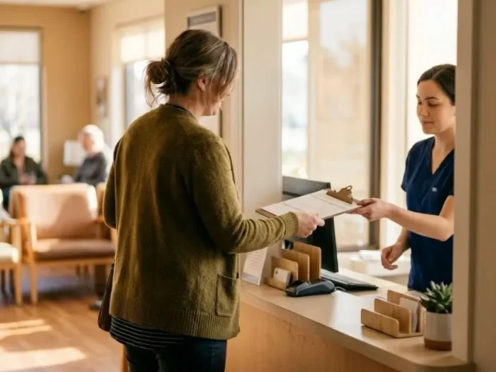 Adult checking in at a clinic reception window with a form before an EtG test for alcohol
