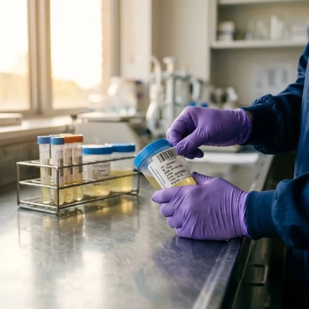 Lab technician in gloves labeling a sealed urine specimen cup for an EtG test