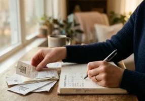 Receipts and a notebook on a kitchen table while someone looks into ignition interlock financial assistance