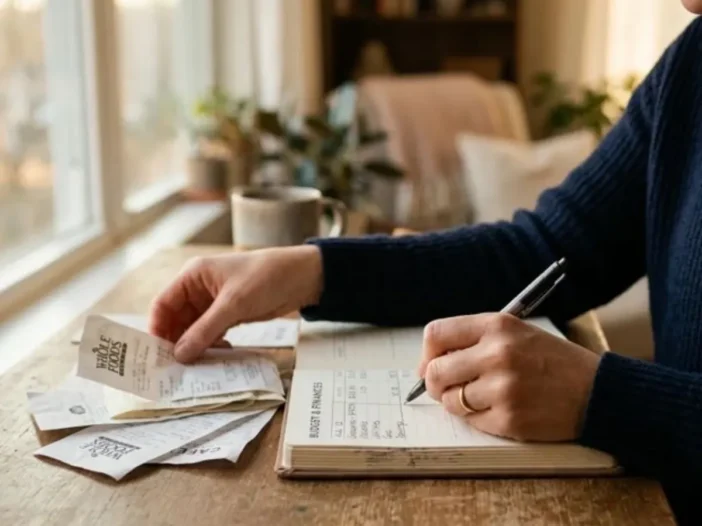 Receipts and a notebook on a kitchen table while someone looks into ignition interlock financial assistance