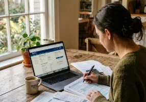 Driver at a kitchen table comparing an itemized ignition interlock quote with a monthly budget.