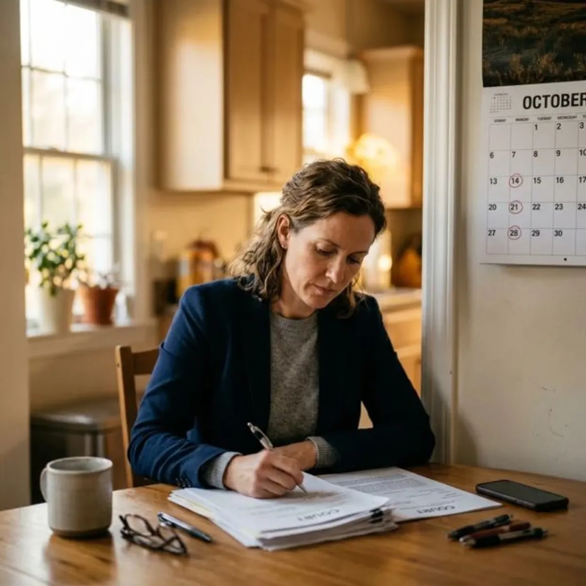 Calendar and interlock paperwork on a kitchen table while a driver plans the timing to switch interlock provider around a calibration visit