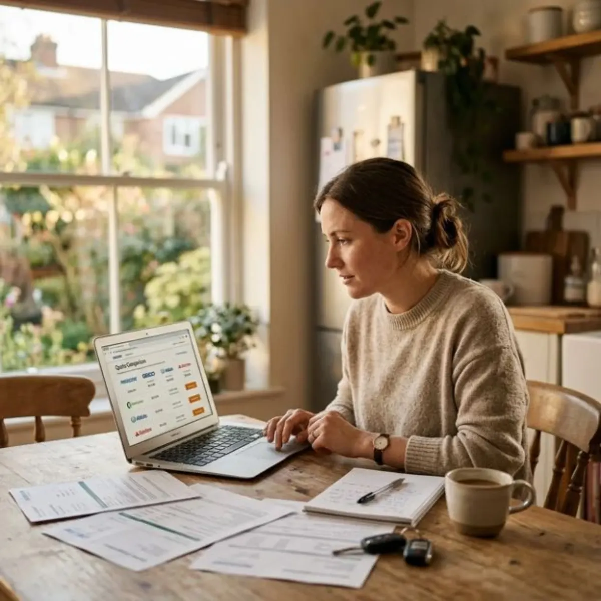 Driver comparing ignition interlock quotes on a laptop at a kitchen table before deciding whether to switch providers