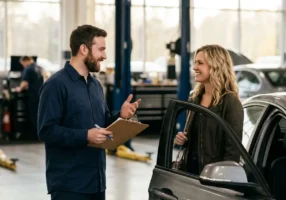 Technician talking with a driver in a service bay, the visit that happens when you switch interlock provider
