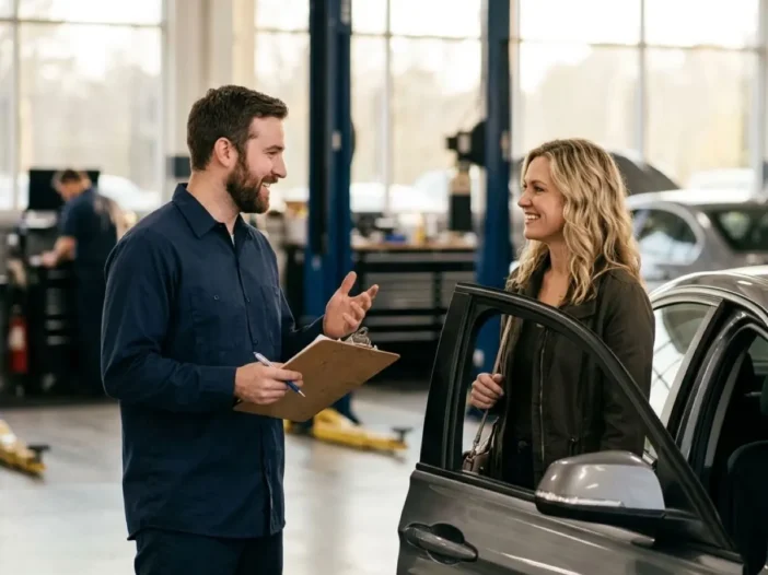 Technician talking with a driver in a service bay, the visit that happens when you switch interlock provider