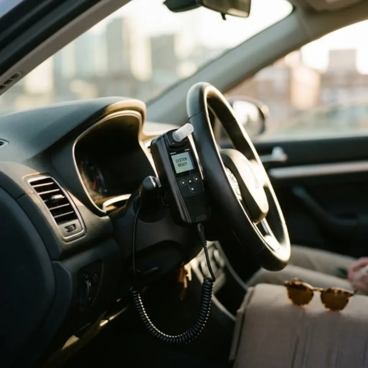 An interlock device mounted beside the steering column of a car, the kind of installation a new vehicle needs after a transfer