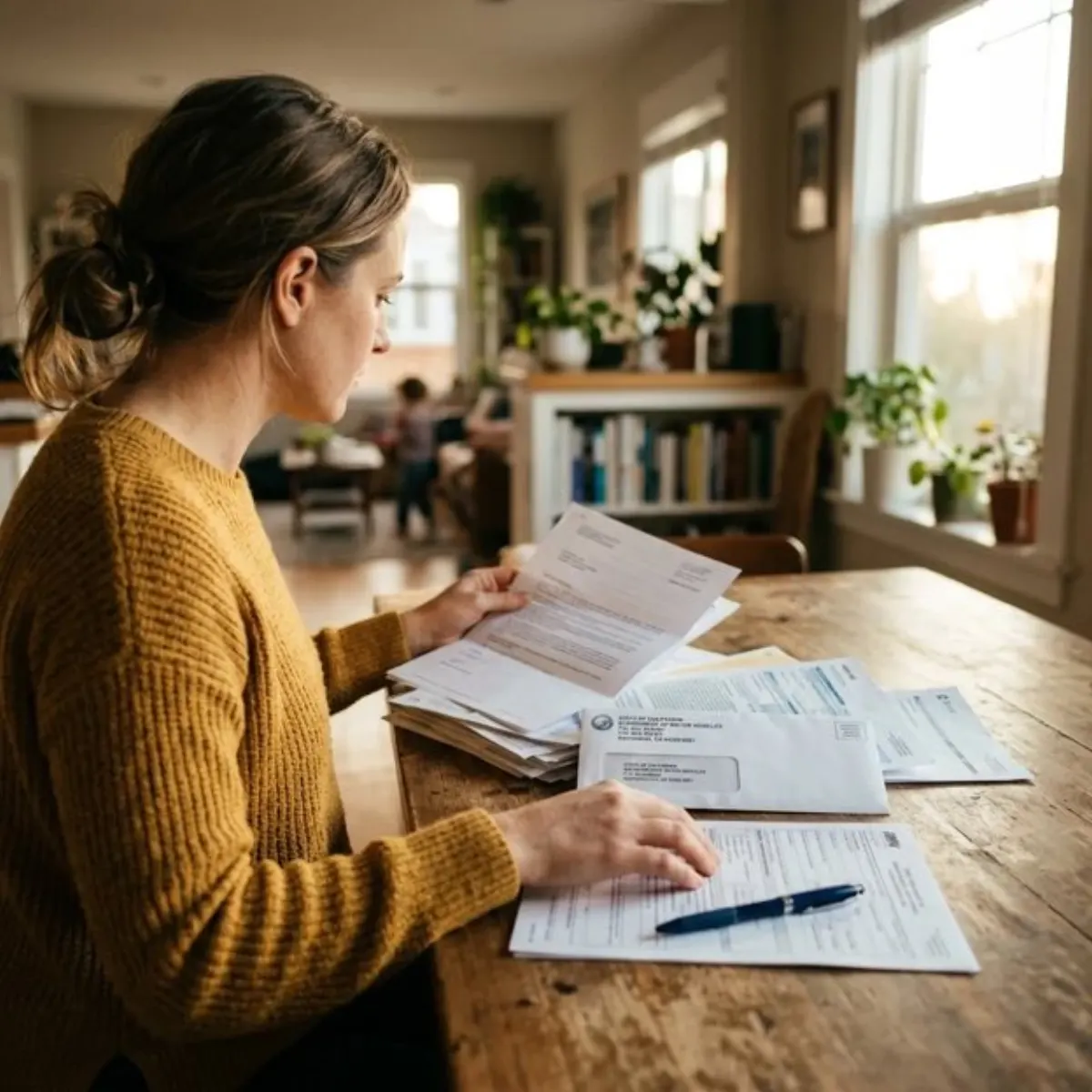 Someone sorting DMV letters and forms at a kitchen table before an interlock transfer appointment