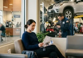A driver waits with car keys and paperwork at a service center while a technician works on a car, the day she plans to transfer her interlock to another car