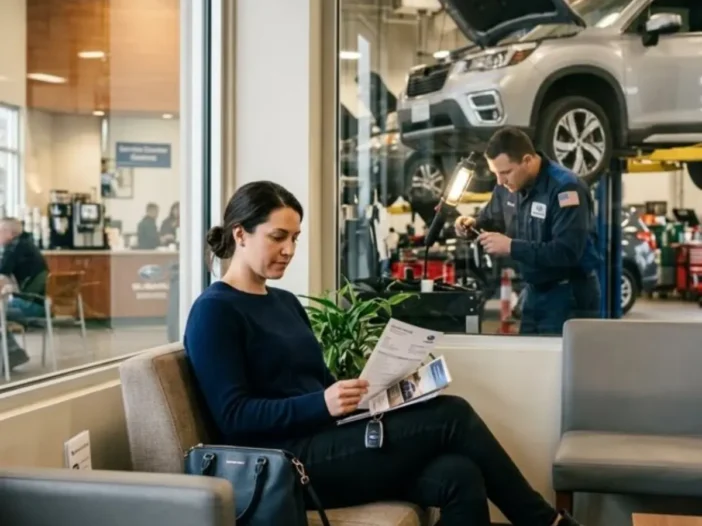 A driver waits with car keys and paperwork at a service center while a technician works on a car, the day she plans to transfer her interlock to another car