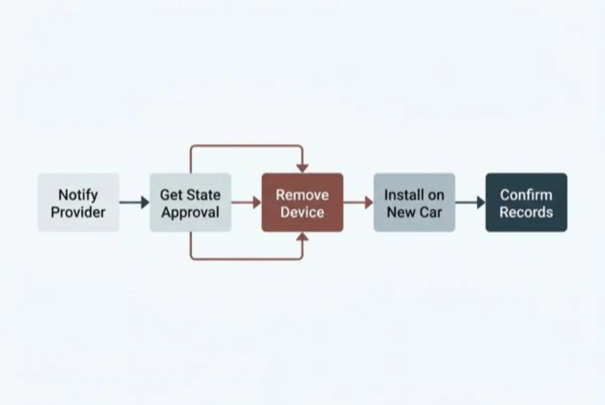 Diagram of the interlock transfer steps: notify the provider, get state approval where required, remove the device, install it on the new car and confirm the records