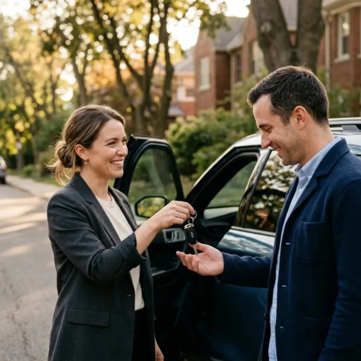 One person handing car keys to another beside a parked car, the moment a seller should only reach after the interlock has been removed