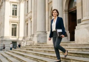 A woman carrying a folder of court papers walks down courthouse steps, the kind of court date where a victim impact panel can be added to a DUI order