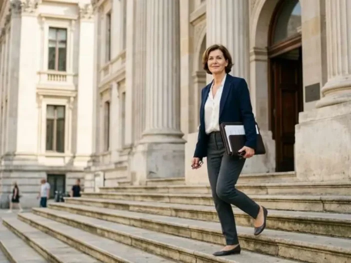 Una mujer que lleva una carpeta con documentos judiciales baja las escaleras del juzgado; se trata de una de esas citas judiciales en las que se puede añadir un panel de impacto a las víctimas a una sentencia por conducir bajo los efectos del alcohol.