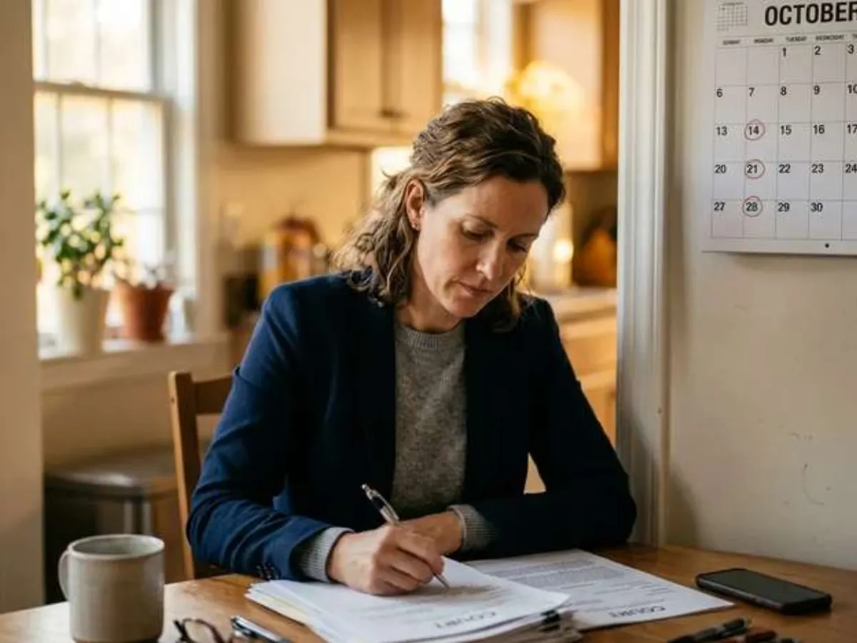 Una mujer revisa la documentación judicial y de libertad condicional sentada a la mesa de la cocina, con un calendario de pared a sus espaldas, mientras planifica la fecha de su panel sobre el impacto en las víctimas.