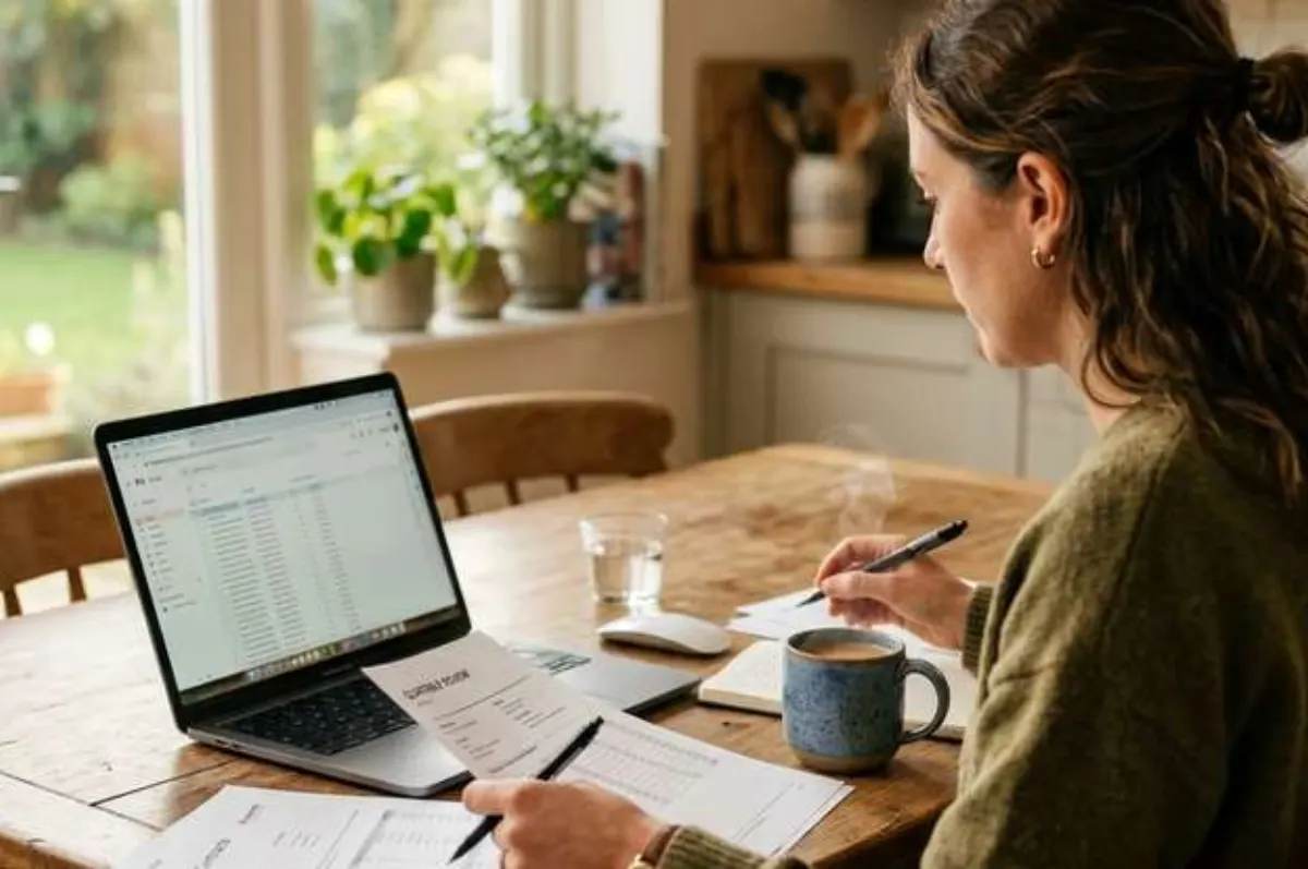 Una mujer, sentada a la mesa de la cocina, compara unos formularios impresos con los datos de un ordenador portátil mientras presenta el certificado de finalización de su taller sobre el impacto en las víctimas.