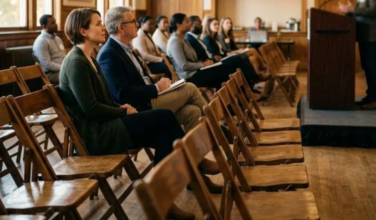 Los adultos se sientan en filas de sillas plegables de madera, de cara a un estrado, en una sala comunitaria, el escenario típico de un panel sobre el impacto en las víctimas.