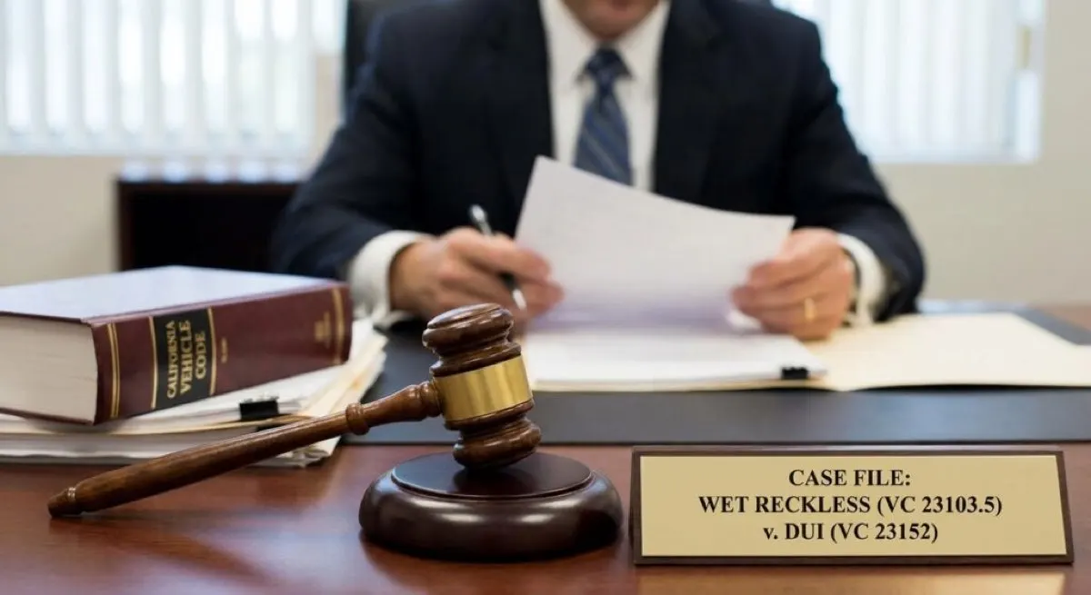 Un abogado revisa el expediente de un caso de conducción temeraria bajo los efectos del alcohol frente a uno de conducción bajo los efectos del alcohol, junto a un mazo judicial y un ejemplar del Código de Circulación de California.
