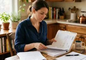 Driver reading California court paperwork about a wet reckless plea offer at a kitchen table.