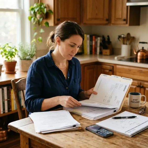 Driver reading California court paperwork about a wet reckless plea offer at a kitchen table.
