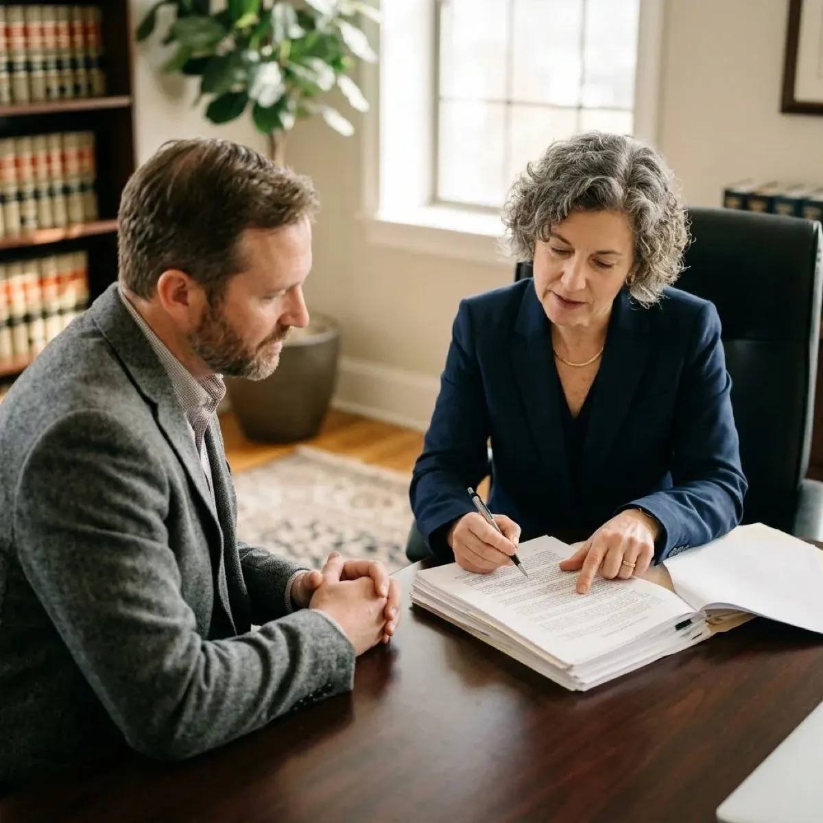 Attorney and client reviewing paperwork for an interlock waiver request at a desk.